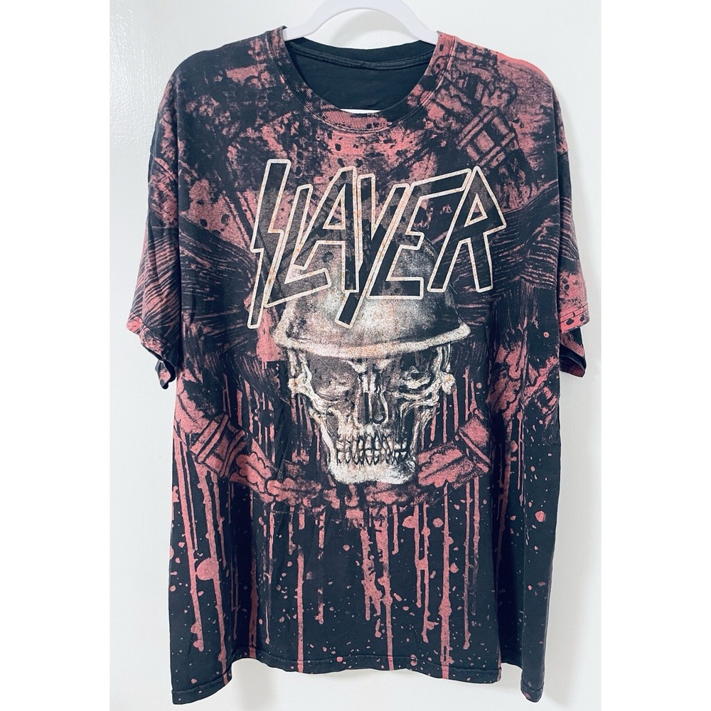 Slayer Skull Helmet Shirt XL All Over Print Bleached Thrash Metal Band Tee VTG
